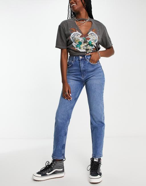 Stradivarius – Mellanblå slim mom jeans av bomull med stretch , 4 av 4