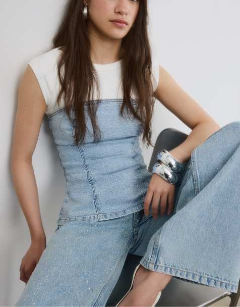 Stradivarius - Mellem- og lyseblå bustier-overdel denim med glimmer - view 1