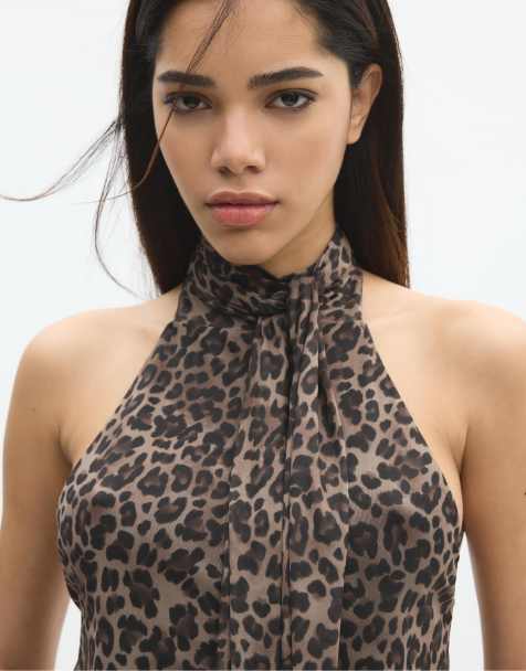 Stradivarius - Mellembeige tørklædetop med halterneck og print i tyl - view 1