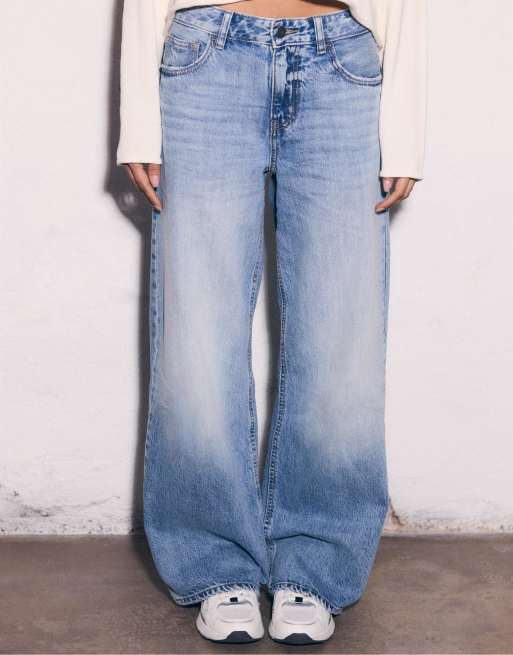 Stradivarius - Mellemblå jeans i denim med vide ben, 2 af 4