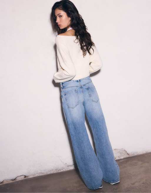 Stradivarius - Mellemblå jeans i denim med vide ben, 4 af 4