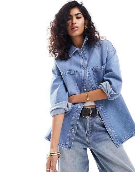 Stradivarius - Mellemblå skjortejakke i denim
