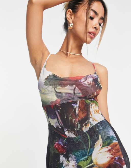stradivarius floral midi dress Stradivarius Printed Ruched Strap Midi Dress Pastel Pink S