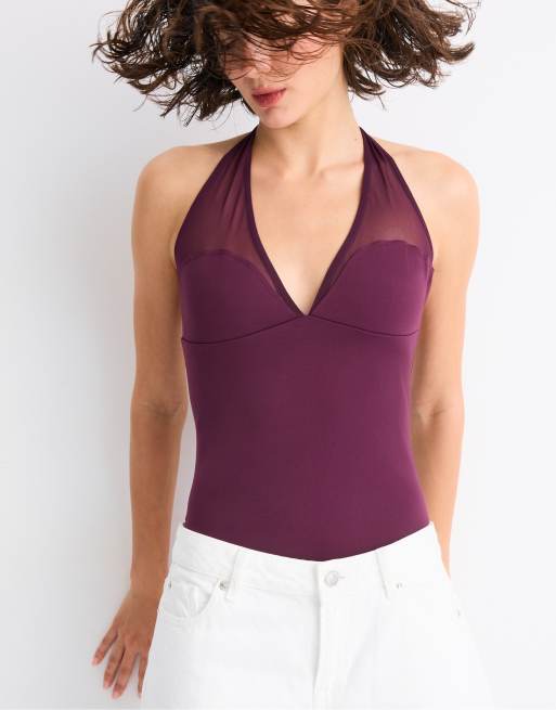 Stradivarius mesh halter body in paars, 2 van 7