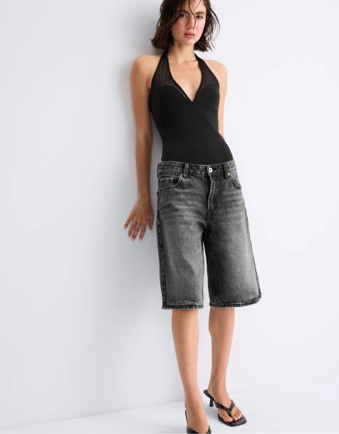 Stradivarius mesh halter body in zwart - view 1