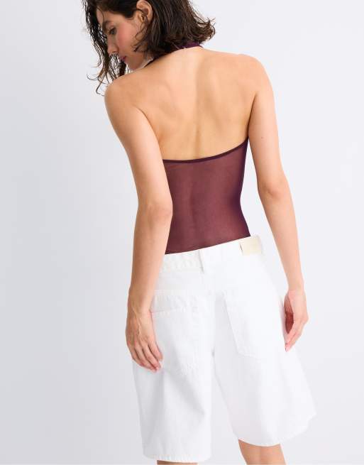 Stradivarius Mesh halter bodysuit in purple, 3 of 7