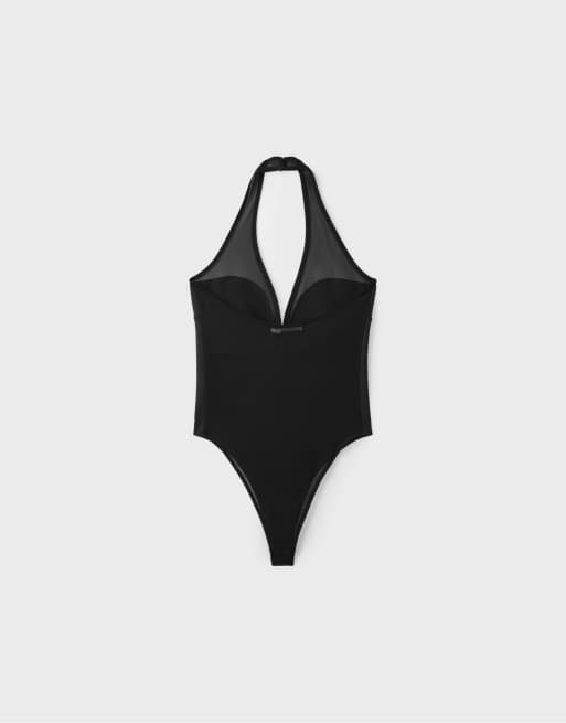 Stradivarius mesh halterneck-body i svart, 7 av 7