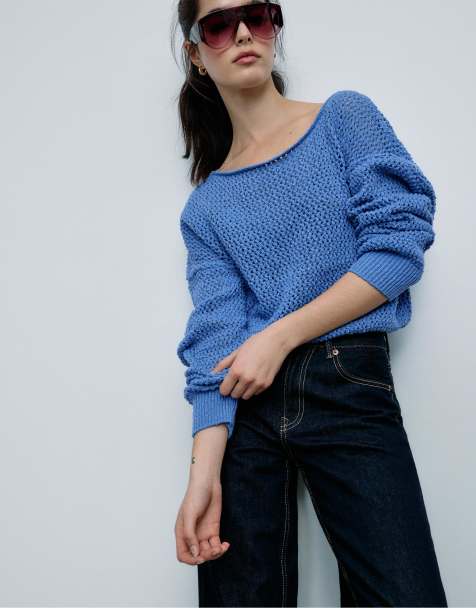 Stradivarius open knit boat neck jumper in royal blue