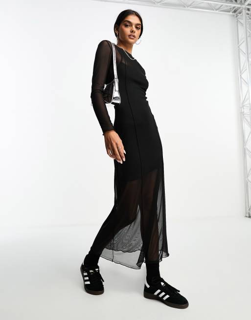 Stradivarius mesh maxi dress in black