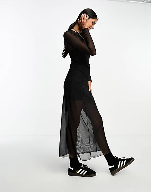 Stradivarius mesh maxi dress in black | ASOS