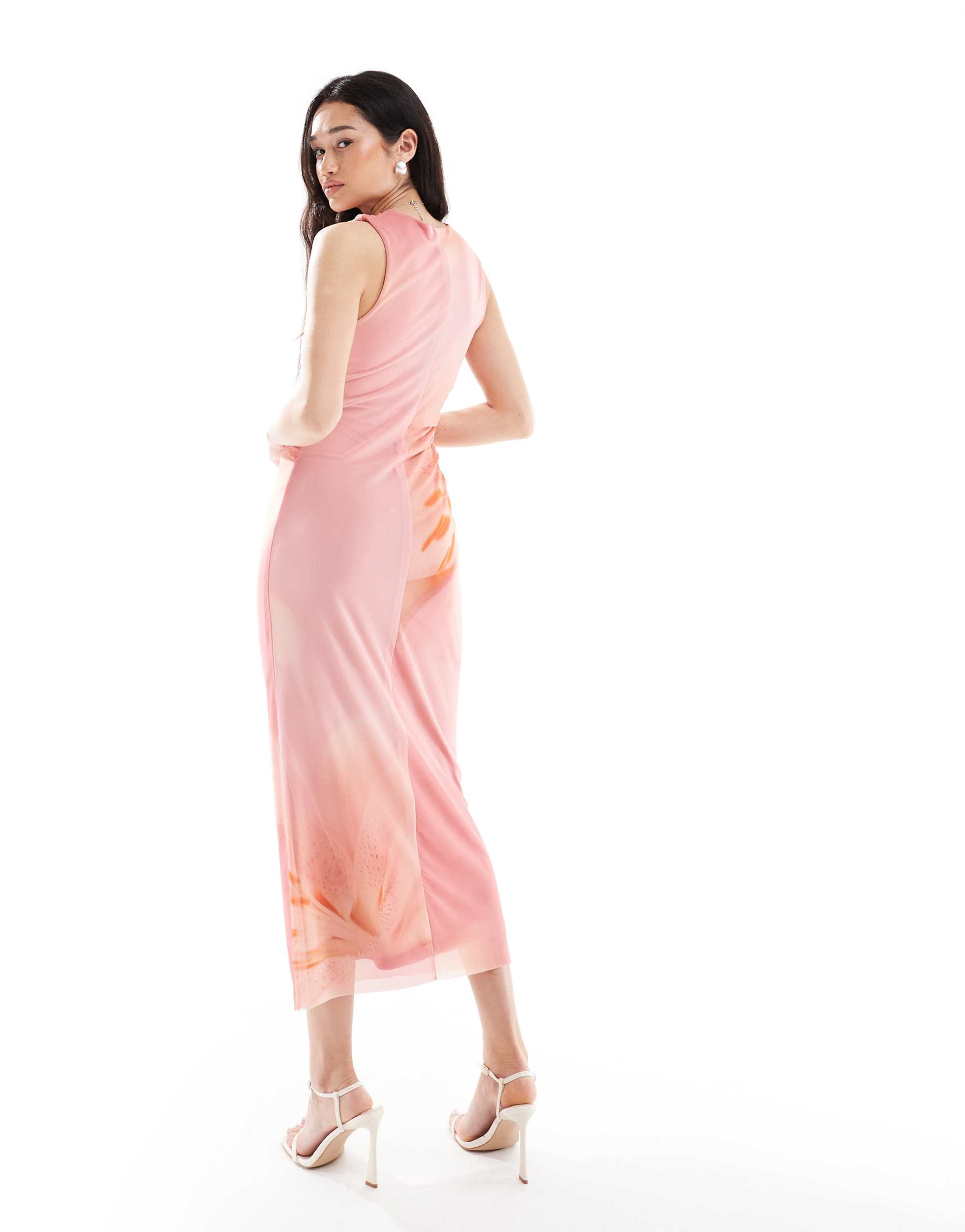 stradivarius mesh midi dress in flower print
