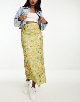 Stradivarius Stradivarius mesh midi print skirt in yellow-Multi