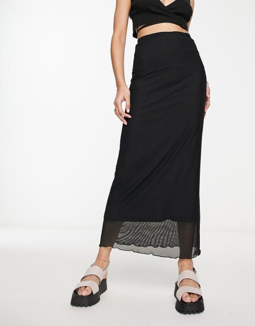 Stradivarius mesh midi skirt in black