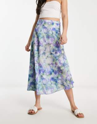 Stradivarius Mesh Midi Skirt In Blue Floral Print | ModeSens