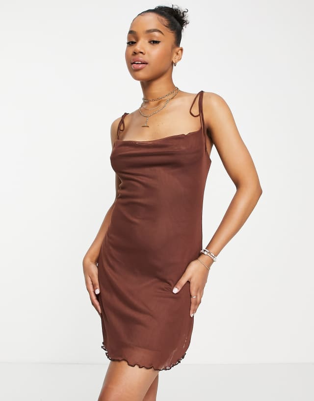 Stradivarius mesh mini dress in chocolate