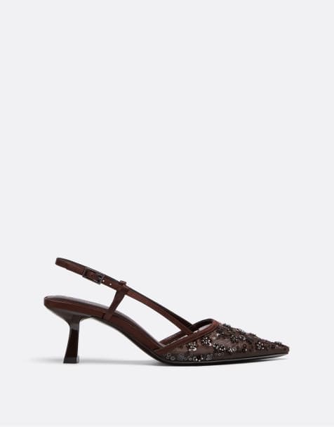Stradivarius Mesh rhinestone kitten heel shoes in brown - view 1