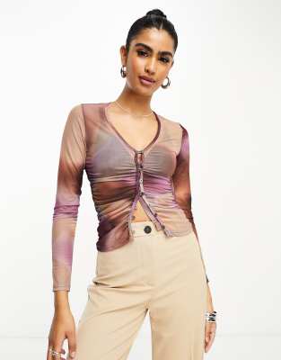 Stradivarius mesh ruched shirt in purple blur print | ASOS