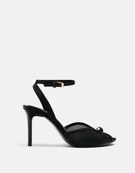 Stradivarius - Mesh sandalen met hak en metalen details in zwart - view 1