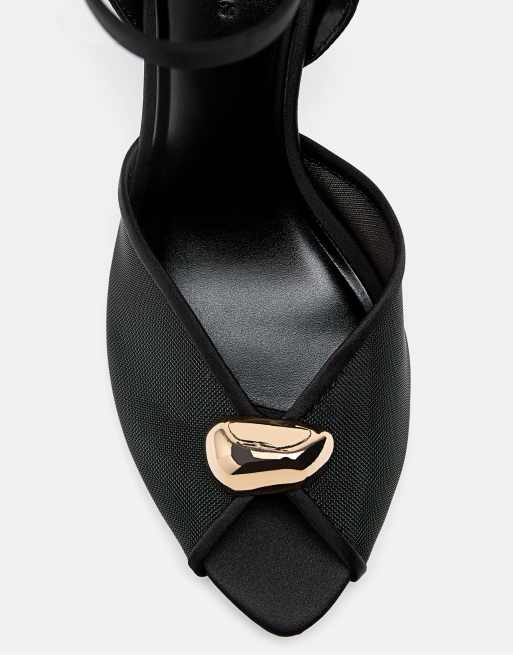 Stradivarius - Mesh sandalen met hak en metalen details in zwart, 2 van 4