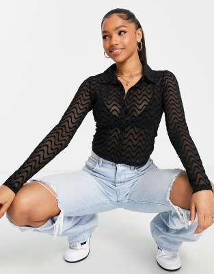 ASOS DESIGN mesh crop top with long sleeve in wave flock in black