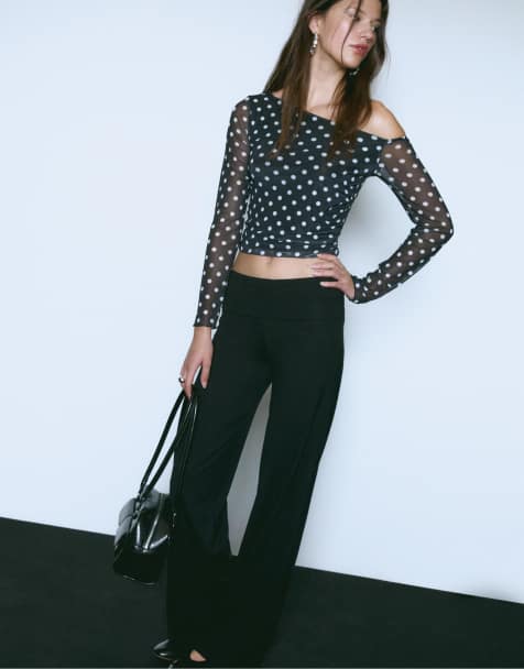 Stradivarius Mesh trousers with fold-over waist in black