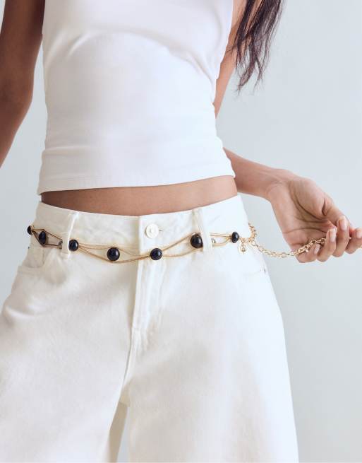 Stradivarius Metallgürtel mit zwei Reihen und grünen runden Steinen in Khaki, 2 von 4