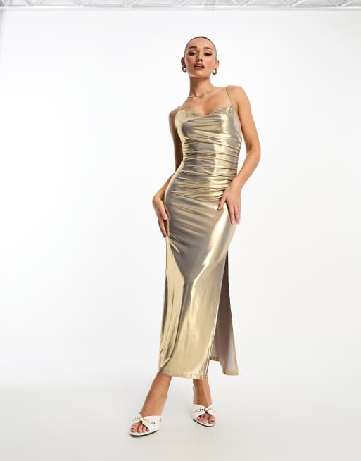 Stradivarius metallic cowl neck maxi dress in gold | ASOS