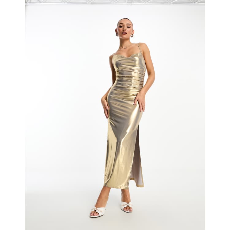 Stradivarius metallic cowl neck maxi dress in gold | ASOS