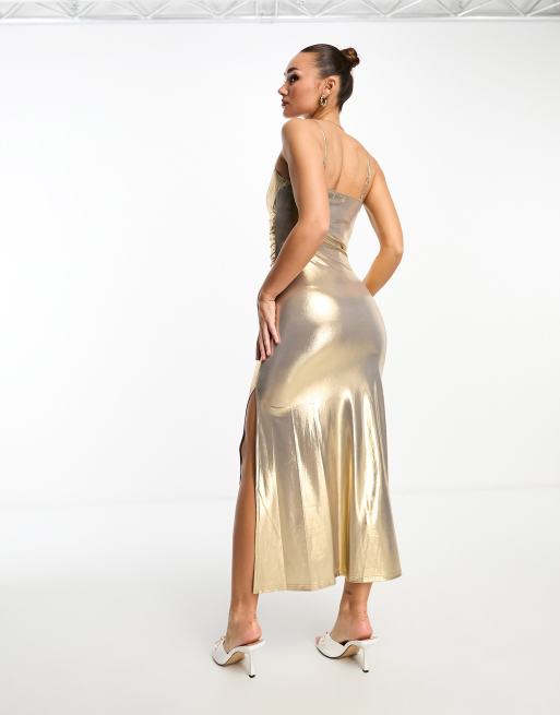 Gold metallic cowl cheap split leg maxi dress