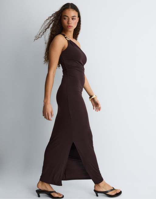 Stradivarius Metallic detail dress in brown, 3 of 4