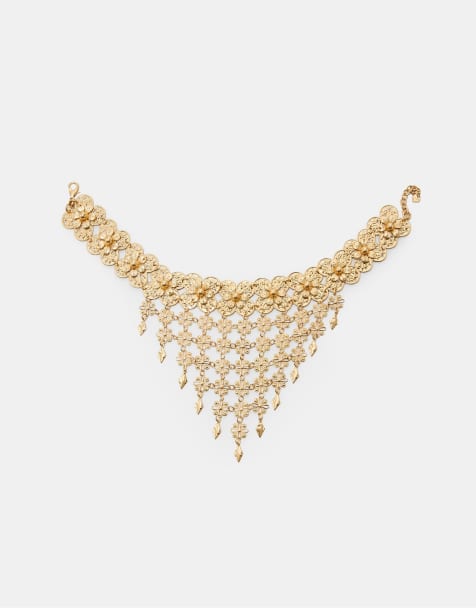 Stradivarius Metallic floral cascade choker in gold - view 1