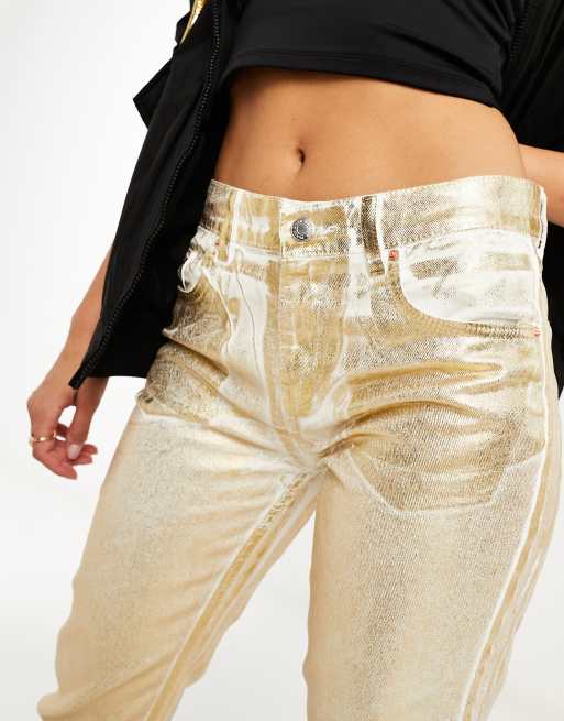 Express Metallic Shine High Waisted Belted Cargo Ankle Pant Gold Women's