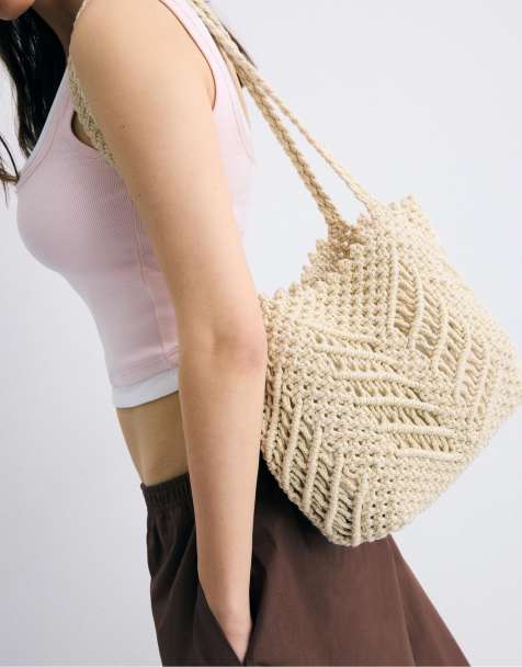 Stradivarius Metallic thread crochet shopper bag in ecru - view 1