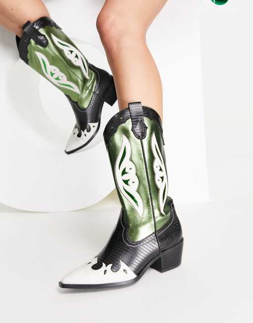 Stradivarius metallic western boot in green