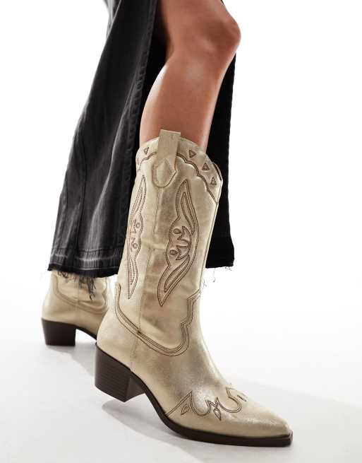 Stradivarius metallic western boots in gold | ASOS