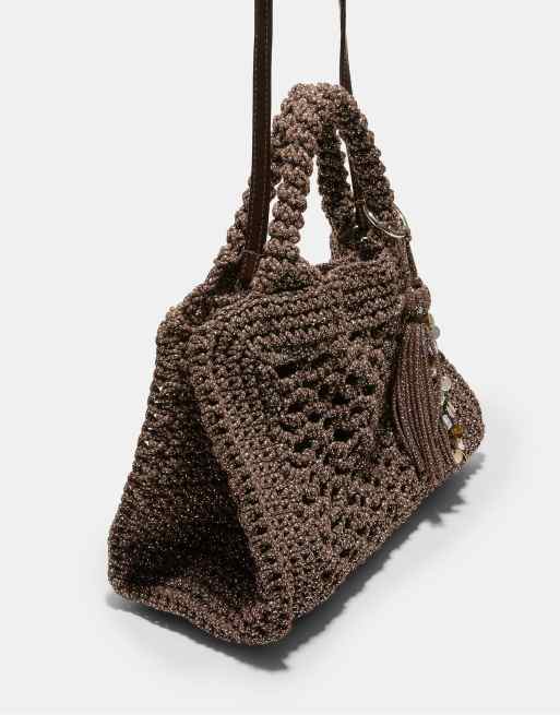 Stradivarius Metallic yarn crochet tote bag in brown, 3 of 4