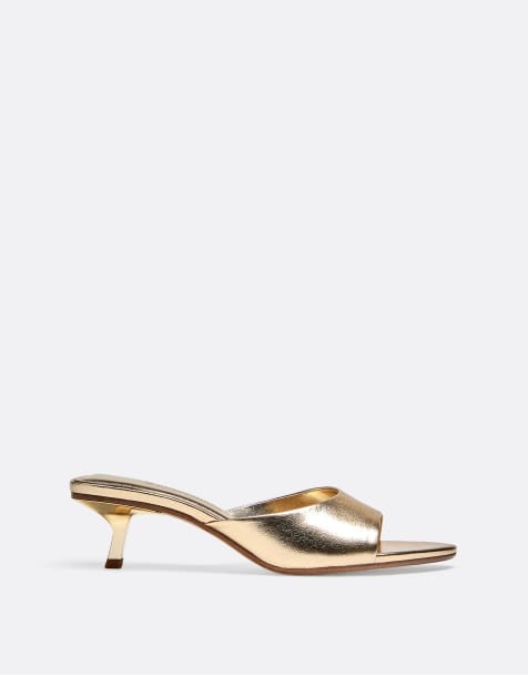 Stradivarius metalliske mulesandaler med hæl i guld - view 1