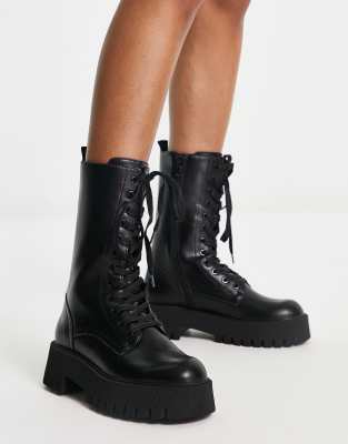 New Look mid calf height chunky lace up boots in black