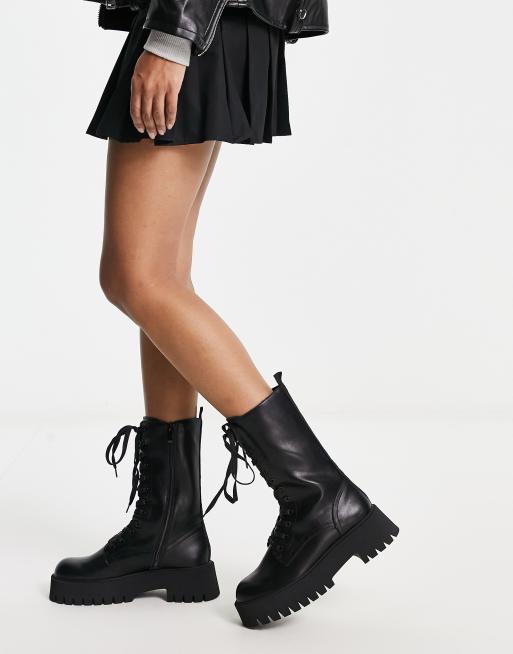 Stradivarius mid calf lace up biker boot in black