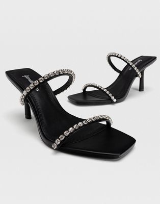Stradivarius mid heeled mules with diamante straps in black