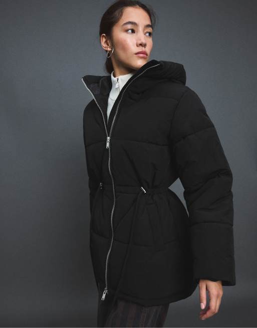 Stradivarius Mid-length padded coat in black, 2 of 7