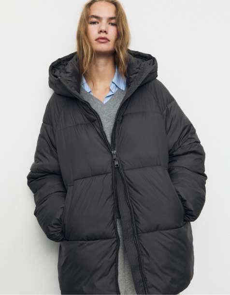 Stradivarius Mid-length puffer coat in dark grey - view 1