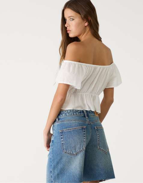 Stradivarius mid rise denim bermuda shorts in light blue - view 1