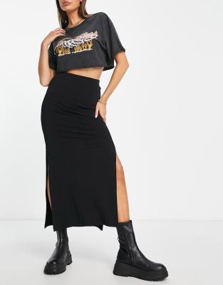 Stradivarius midaxi skirt with slit detail in black 