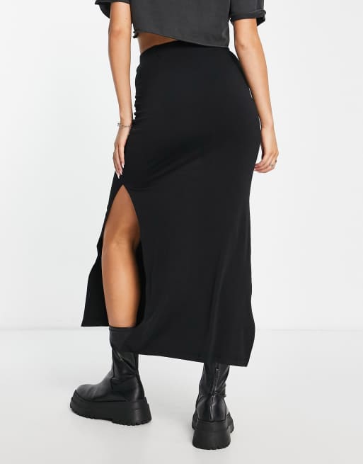 Stradivarius midaxi skirt with split detail in black