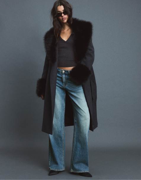 Stradivarius middellange jas met faux-fur kraag in donkergrijs - view 1