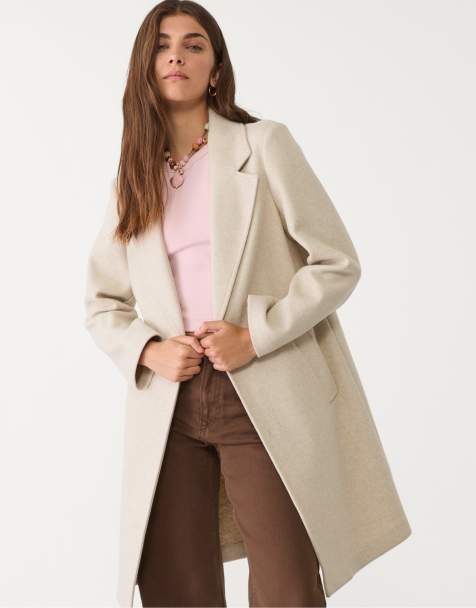 Stradivarius - Midi coat van zachte stof met knopen in ecru - view 1
