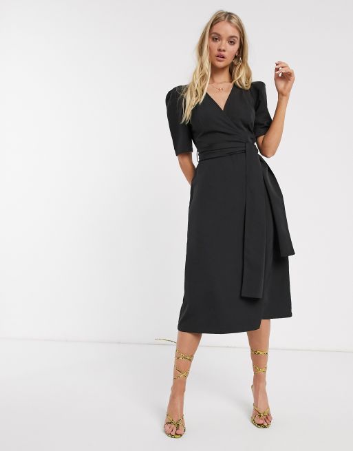 Stradivarius midi dress with belt in black | ASOS