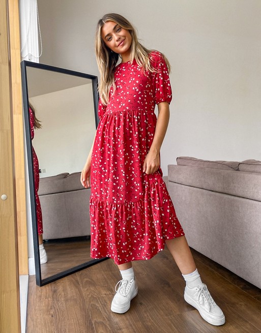 Stradivarius midi dress with smock detail in red floral
