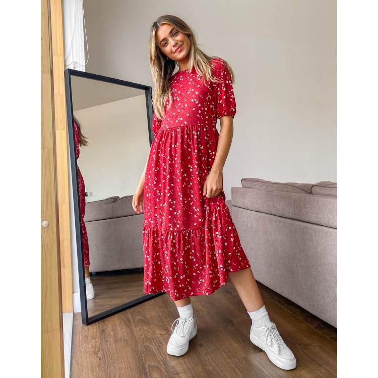 Stradivarius midi dress with smock detail in red floral